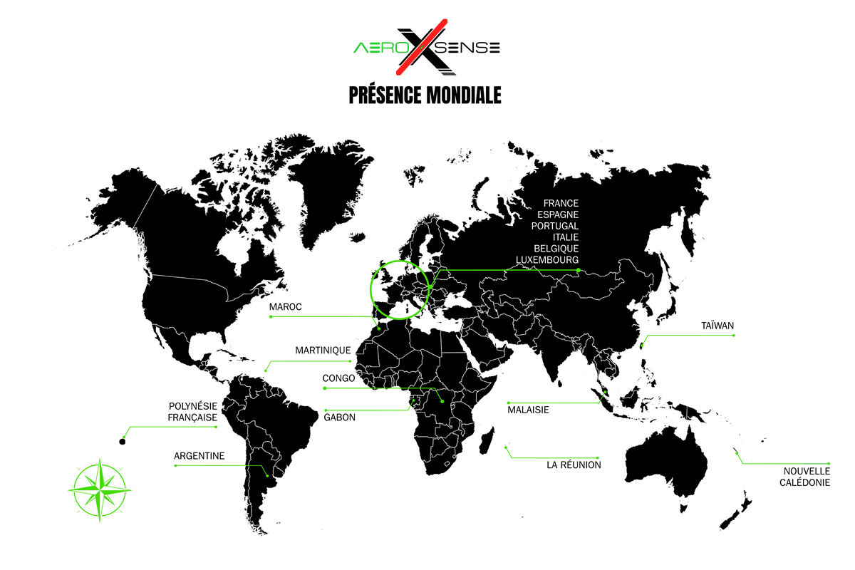 Presencia internacional de AeroXSense a 1 de enero de 2026.