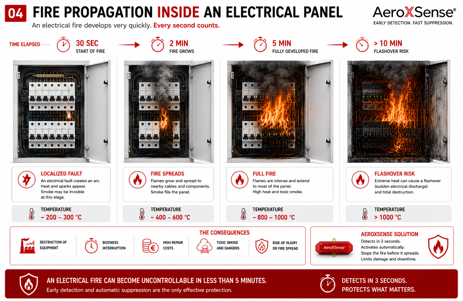 Zeitlicher Verlauf eines Brandes in einer Elektroverteilung vom ersten Fehler bis zum entwickelten Brand